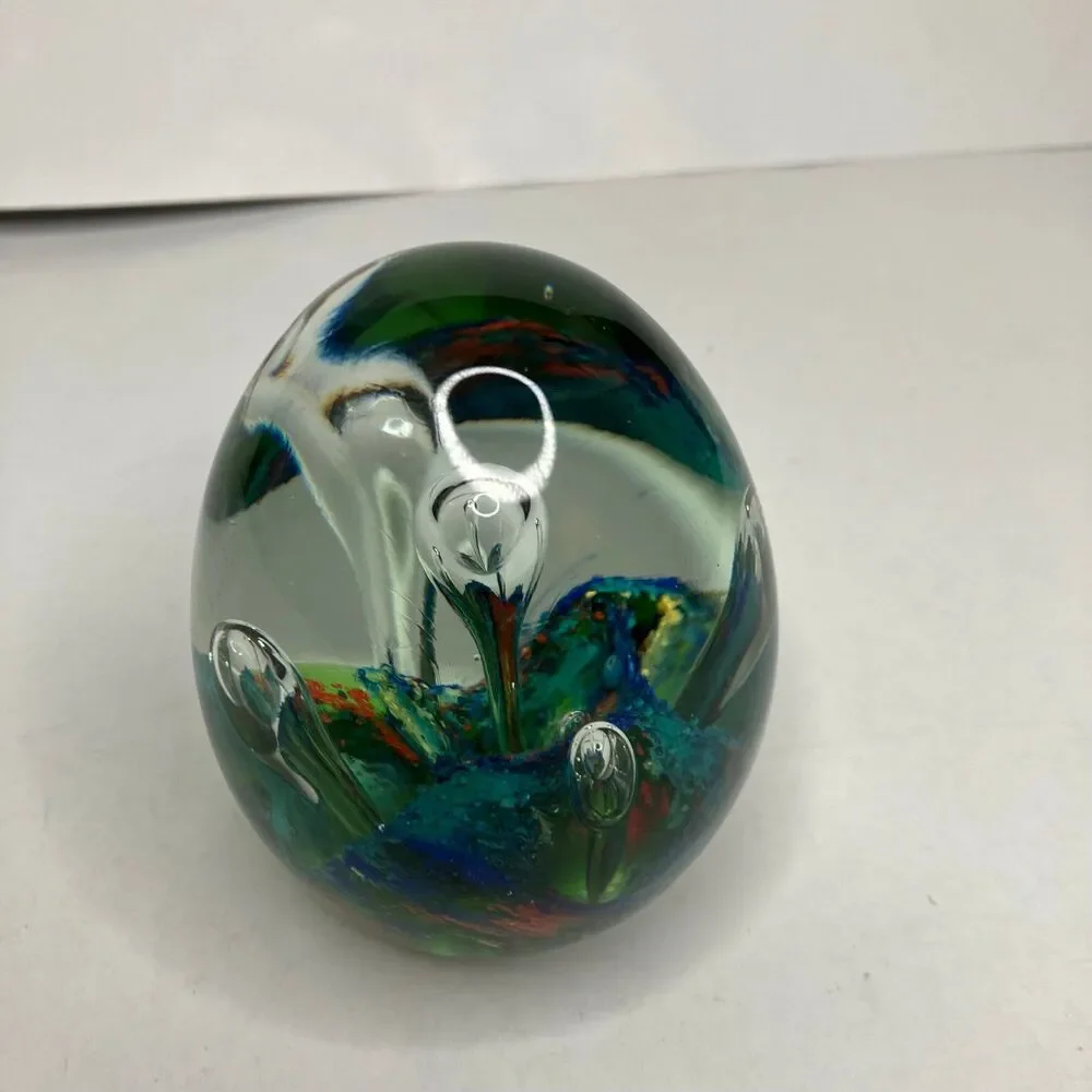 Vintage Art Glass Paperweight Hand Blown Controlled Bubbles Colorful Egg Shaped